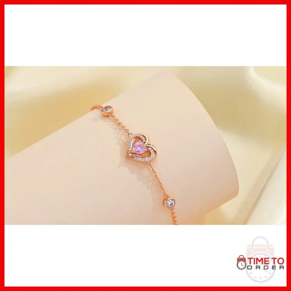 Sterling Silver Heart Charm Bracelet with Birthstone Zirconia, Adjustable Link